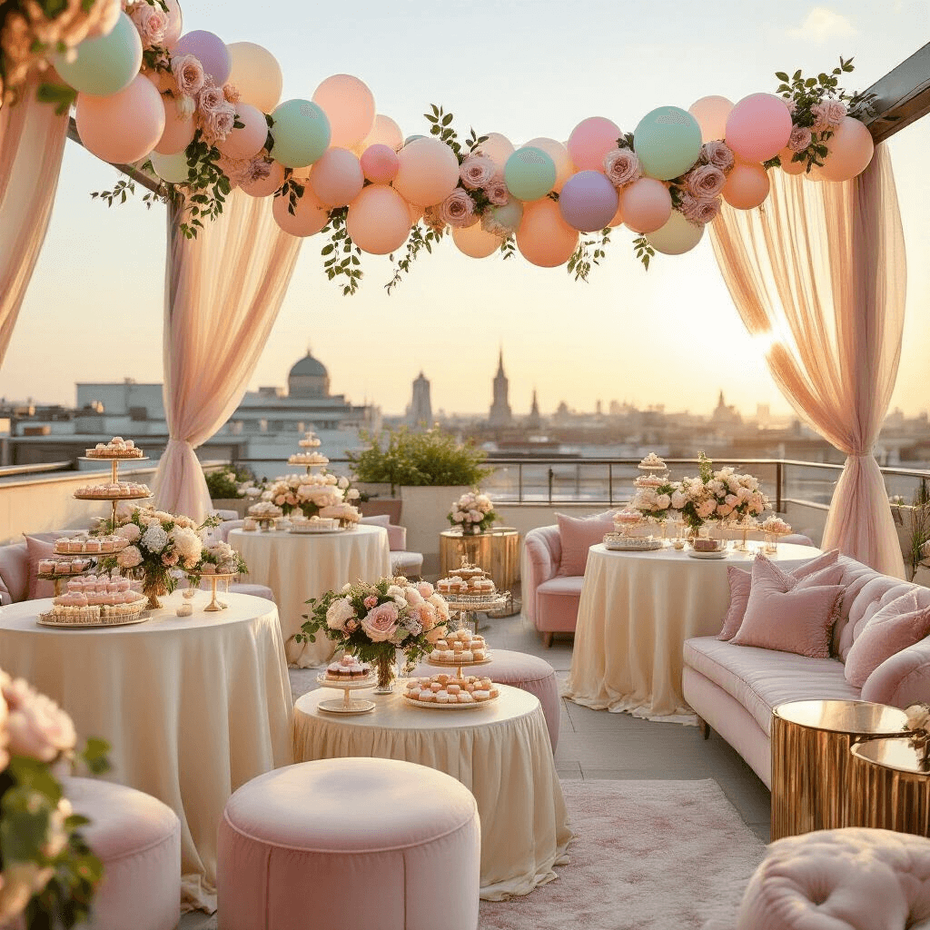 A beautifully decorated rooftop terrace for a chic baby shower, featuring pastel balloon garlands, cream silk tables with floral centerpieces, a dessert cart with pastel treats, and cozy lounge areas, all set against a glowing city skyline at golden hour.