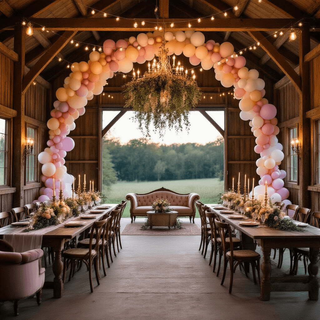 An enchanting woodland-inspired wedding ceremony held in a rustic barn at twilight, featuring a grand pastel and metallic balloon arch at the entrance, twinkling fairy lights, long farmhouse tables with gauzy runners and antique candelabras, mismatched vintage chairs, a floral chandelier from wooden beams, and a cozy lounge area with a velvet chaise and pastel balloon centerpiece.