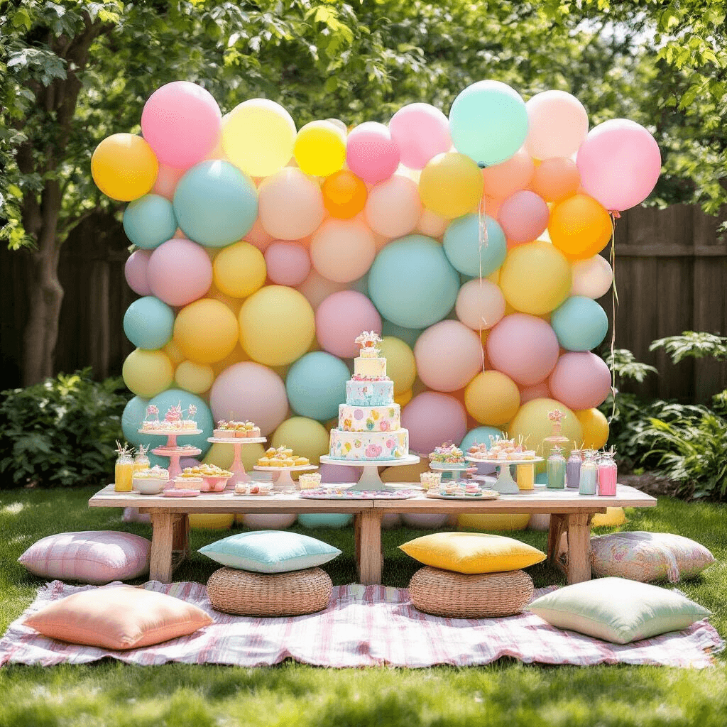 A whimsical children's birthday party in a sunlit backyard, featuring a vibrant pastel balloon mosaic backdrop, a tiered cake with fondant balloons, cozy seating areas with picnic blankets and low tables, a DIY craft station, a charming lemonade stand, and oversized confetti balloons floating above the green grass.