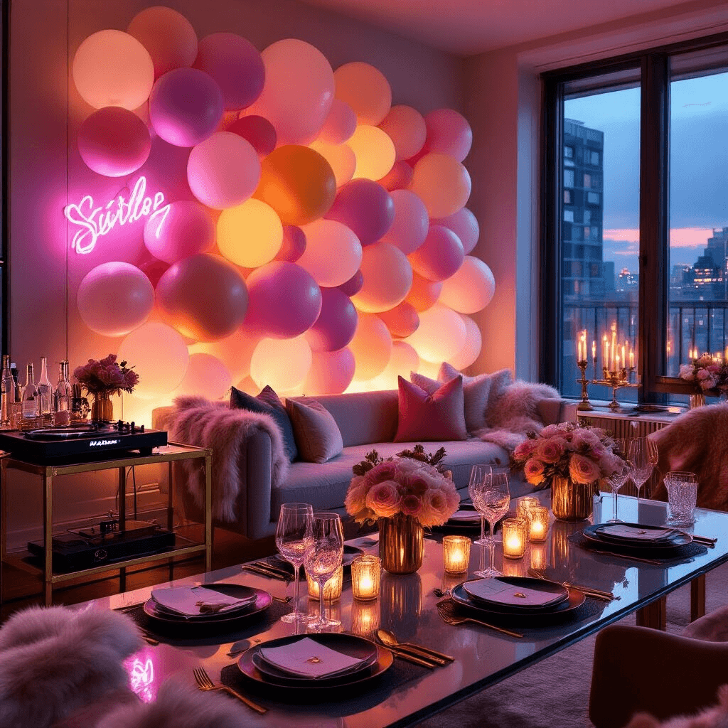 An elegant city apartment soirée with candlelight and neon signs, featuring a pastel ombré balloon installation, mid-century modern furniture, a glass dining table set with matte black plates and gold flatware, a stylish bar cart, and cozy decor elements like throw pillows and faux fur blankets.