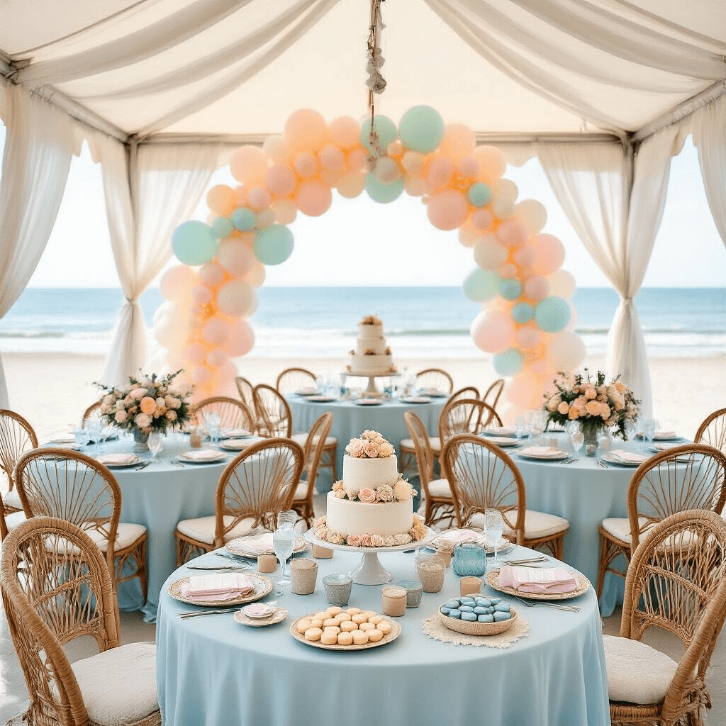 A dreamy beachfront bridal shower with a billowing white tent, round tables in pale blue, pastel flower centerpieces, a soft coastal balloon arch, personalized driftwood signs, a dessert table featuring a tiered naked cake with fresh flowers, pastel macarons on mother-of-pearl platters, rattan peacock chairs, and plush floor pillows, all enhanced by gauzy curtains and starfish details.