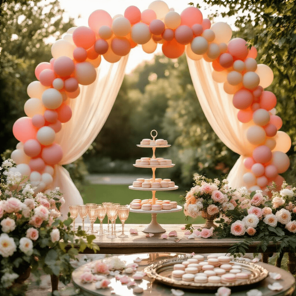 A sunlit garden party scene featuring a stunning ombré balloon garland arch in blush pink, coral, and cream, with a rustic wooden table holding a tiered cake stand of pastel macarons. Vintage champagne coupes on a mirrored tray reflect the warm light, surrounded by lush greenery and scattered rose petals.