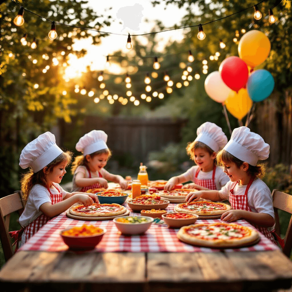 A lively backyard pizza party at golden hour, featuring children in chef hats making pizzas at a rustic wooden table with a checkered tablecloth, adorned with various toppings and warm fairy lights above. Pizza-shaped balloons float in the background, enhancing the festive atmosphere.