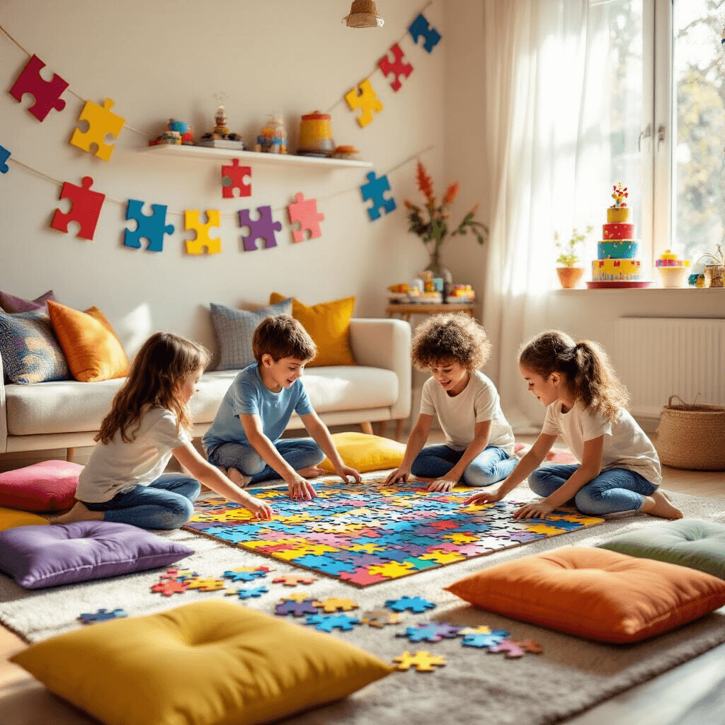 A sunlit living room filled with vibrant decor, featuring puzzle piece banners, a large collaborative jigsaw puzzle on a low table, and children joyfully working together amidst colorful floor cushions, with puzzle-themed treats and a 3D puzzle cake on display under soft, natural light.