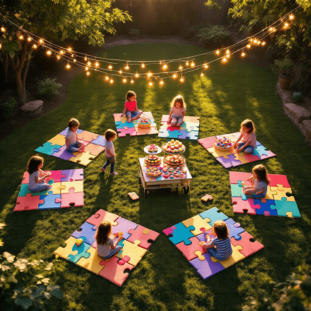 Overhead view of a vibrant outdoor puzzle party at golden hour, with colorful puzzle-shaped picnic blankets hosting various puzzle stations, warm fairy lights overhead, and a dessert cart filled with puzzle piece treats, as children play and laugh in the glowing light.