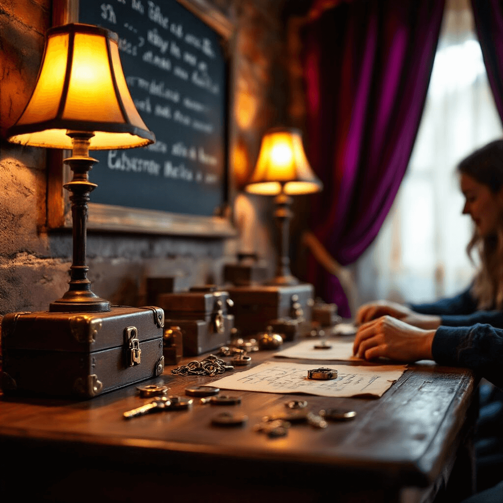 Close-up of an escape room mini-challenge setup featuring a vintage wooden table with locks, keys, and coded messages, illuminated by rich, moody lighting. Velvet curtains frame the scene, while a chalkboard wall displays cryptic clues. Hands work on puzzles in the foreground, with excited faces blurred in the background, all in warm amber tones with metallic gold accents.