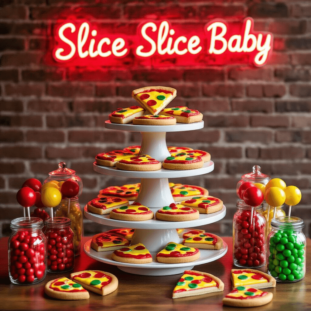 A whimsical pizza-themed dessert table with a tiered stand of mini cookie pizzas, pizza slice cake pops, red and green candy jars, and a neon 'Slice Slice Baby' sign, all set against a brick wall backdrop, captured from a low angle.