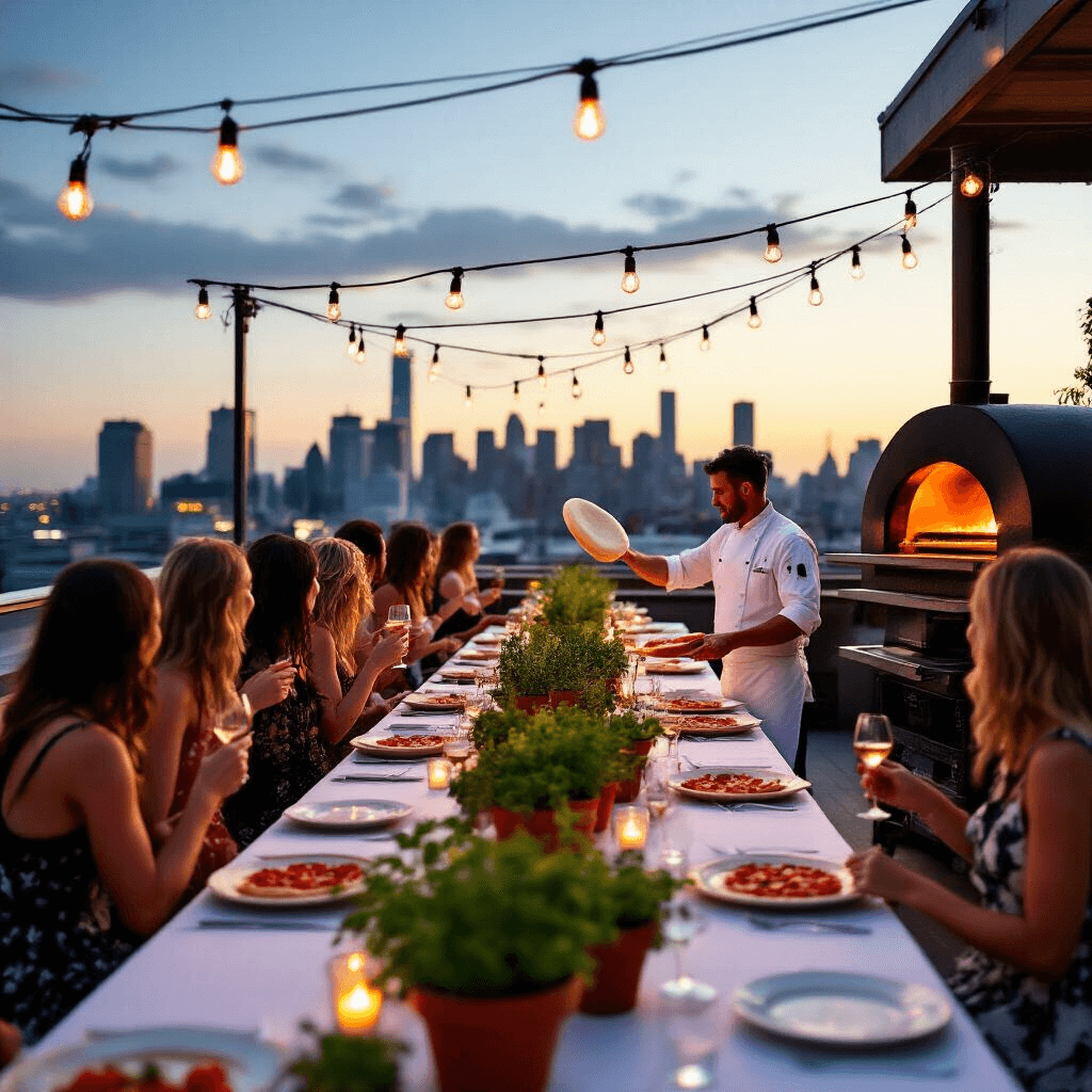 An elegant rooftop pizza party at dusk, featuring long tables with white linens, herb and tomato centerpieces, warm Edison bulbs, a mobile wood-fired pizza oven, and guests in cocktail attire enjoying the city skyline.
