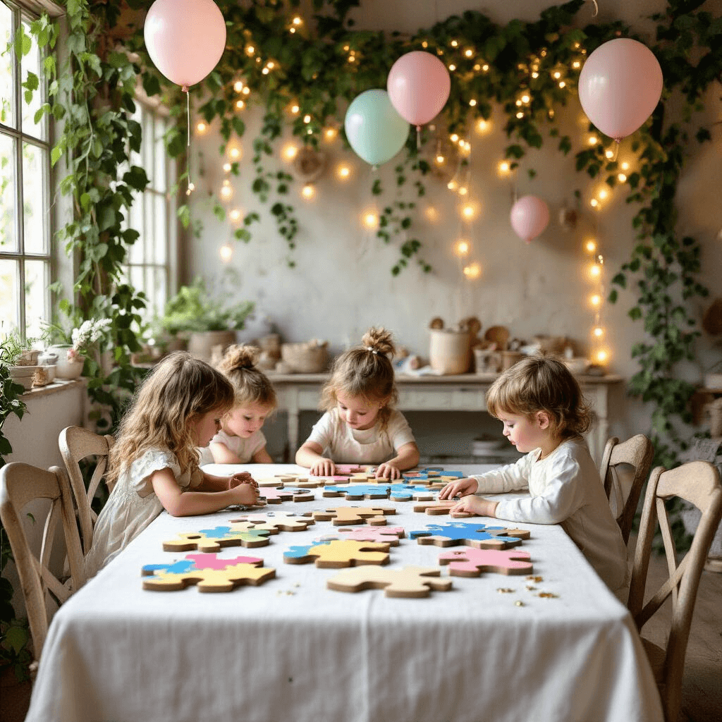 A whimsical decorating station with children at a farmhouse table draped in white, crafting oversized puzzle pieces surrounded by vibrant paints, glitter, and twinkling fairy lights in a dreamy, cozy setting.