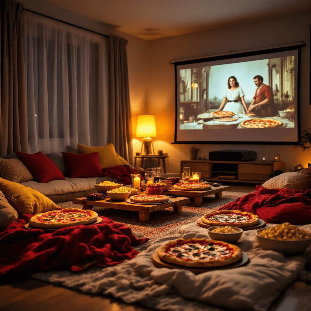 A cozy living room setup for a pizza movie night featuring colorful throw pillows and blankets on the floor, a projector screen displaying a classic Italian film, low tables with gourmet pizzas and snacks, and warm lighting, creating an inviting and relaxed atmosphere.
