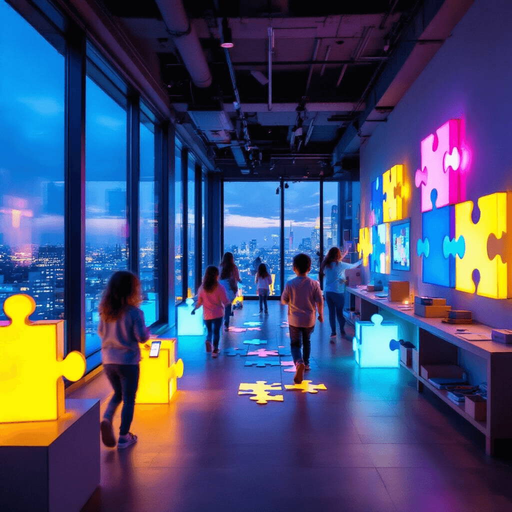 Dynamic scene of children participating in a puzzle scavenger hunt in a modern open-plan apartment with city lights visible through floor-to-ceiling windows, featuring colorful projection clues on walls, neon puzzle piece sculptures as waypoints, and interactive mystery boxes and digital tablets, all illuminated in cool blues and vibrant purples with electric yellow accents.