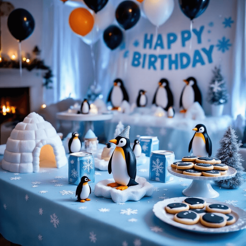 A cozy living room transformed into a whimsical winter wonderland for a penguin-themed birthday party, featuring icy blue tablecloths, adorable penguin figurines, DIY milk carton igloos, and a backdrop of cardboard penguin cutouts, with black and white balloons overhead and a tiered cake stand displaying penguin-shaped cookies.