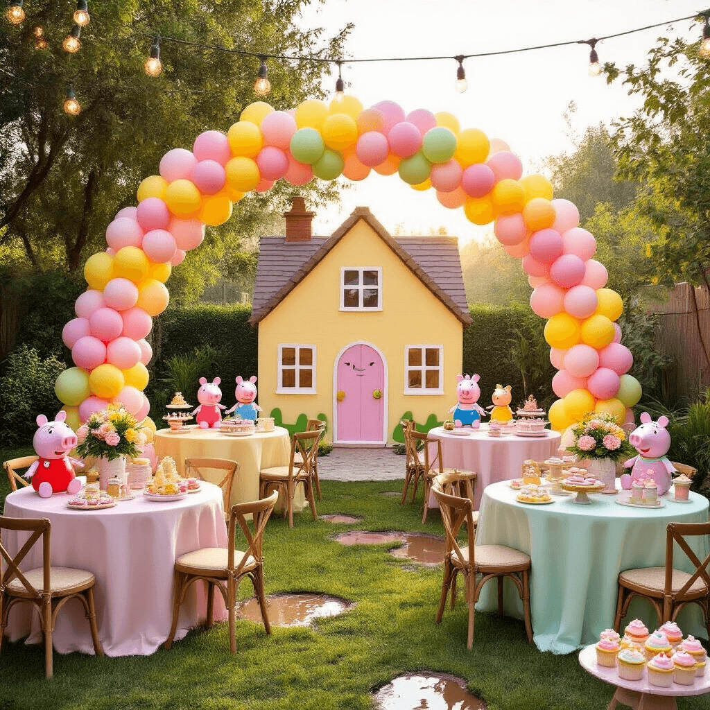 Peppa Pig Birthday Party: The Ultimate Guide to Creating a Magical Celebration A whimsical Peppa Pig-themed birthday party in a sun-drenched backyard, featuring a grand balloon arch, pastel-draped tables with character figurines, a Peppa's house backdrop for photos, playful brown fabric 'muddy puddles', and a dessert cart full of themed cupcakes and cookies, all illuminated by fairy lights.