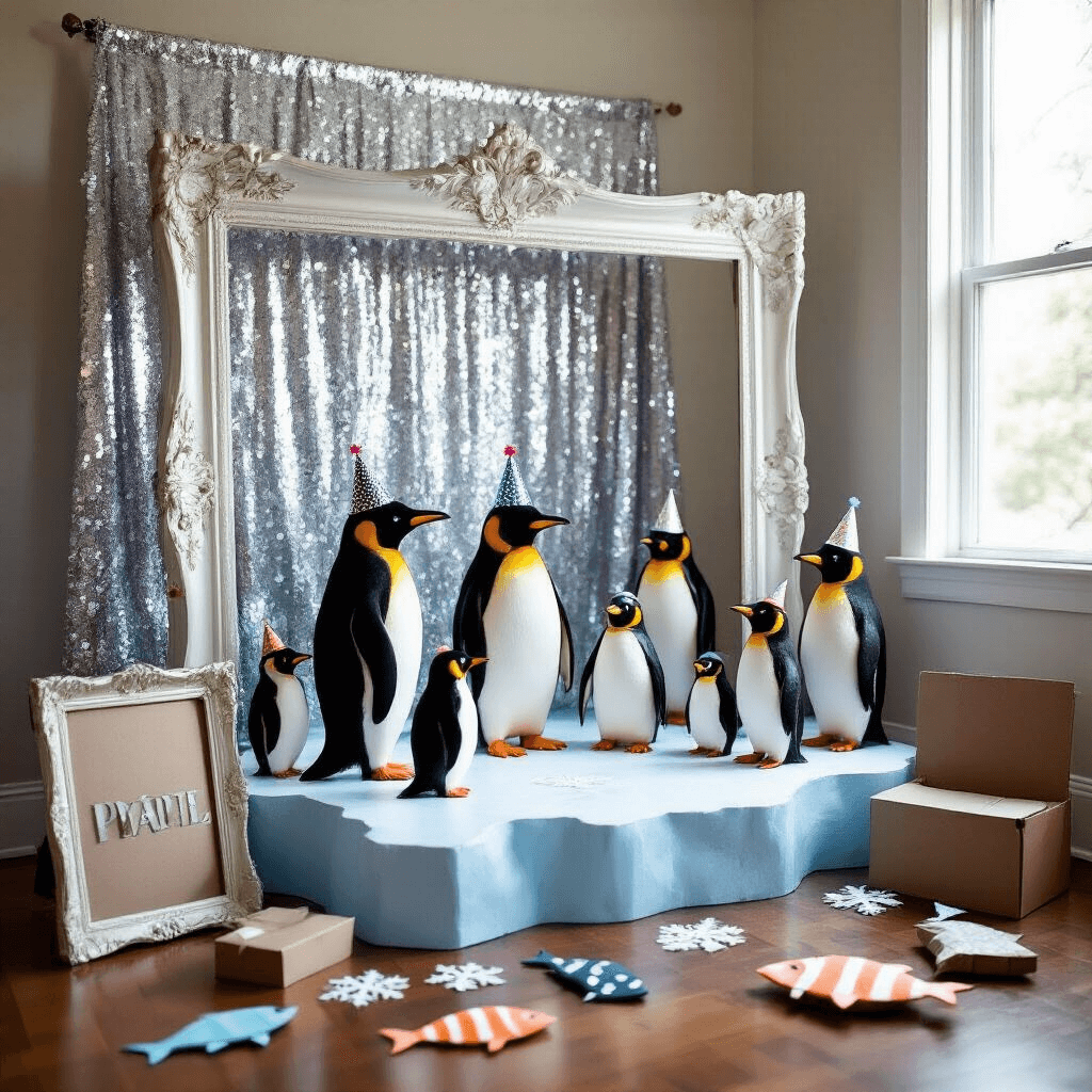 A whimsical penguin-themed photo booth with a shimmering silver sequin backdrop and an ice floe cardboard platform, featuring prop penguins in party hats, vintage frame, oversized snowflake sunglasses, and soft natural lighting.