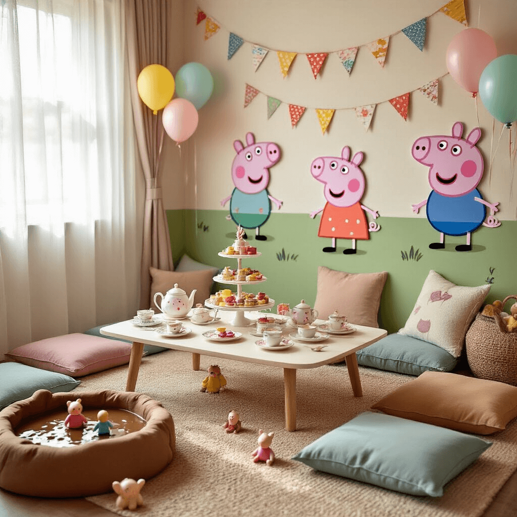 Peppa Pig Birthday Party: The Ultimate Guide to Creating a Magical Celebration A cozy living room transformed into a Peppa Pig celebration, featuring a colorful tea party table with a Peppa-themed tea set, tiered cake stand, and miniature place settings, surrounded by plush floor cushions and illuminated by soft morning light.