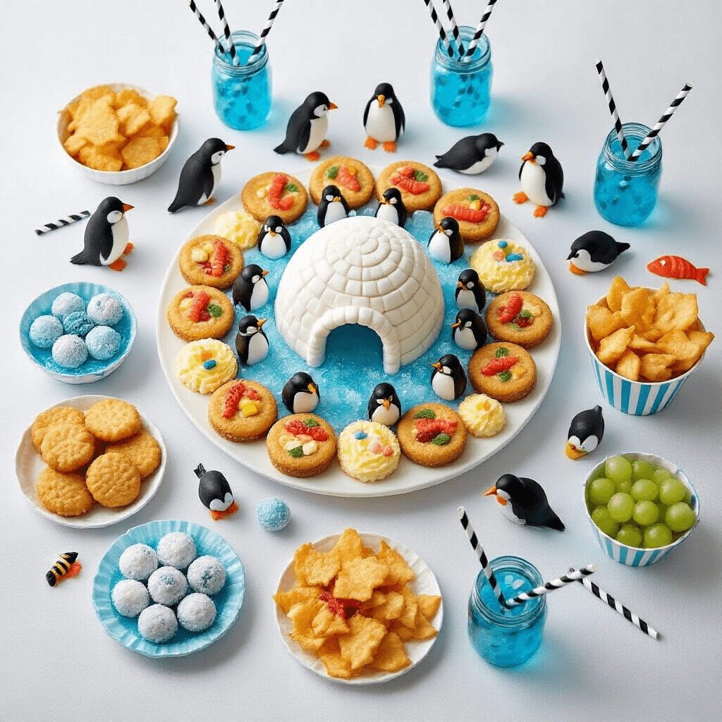 A bird's-eye view of a penguin-themed party snack table, featuring a centerpiece igloo cake, 'fish and chip' cups, snowball cake pops, and 'iceberg' fruit platters on a white tablecloth, with blue jelly cups, mason jars with black and white striped straws, and playful penguin figurines throughout the display.