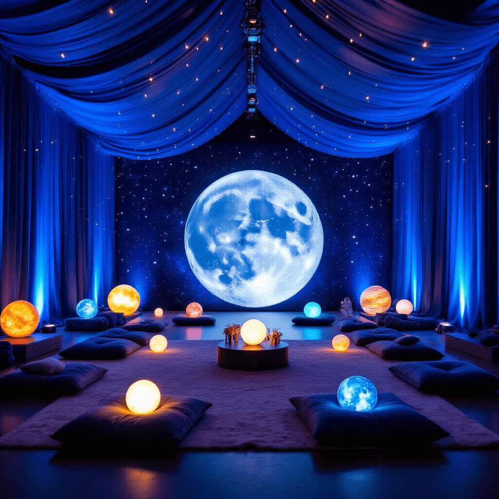 A vibrant indoor party space transformed into a cosmic wonderland, featuring deep blue drapes resembling the night sky with LED stars, a textured moon backdrop, low tables with plush cushions for children, and glowing planet orbs as centerpieces, creating a magical atmosphere.