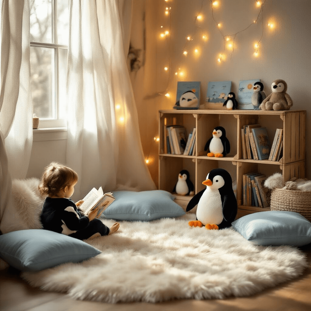 A cozy reading nook bathed in golden hour light features a child in a penguin 'snuggie' engrossed in a book, surrounded by plush white fur, ice-blue pillows, penguin-themed storybooks, stuffed toys, and twinkling fairy lights.