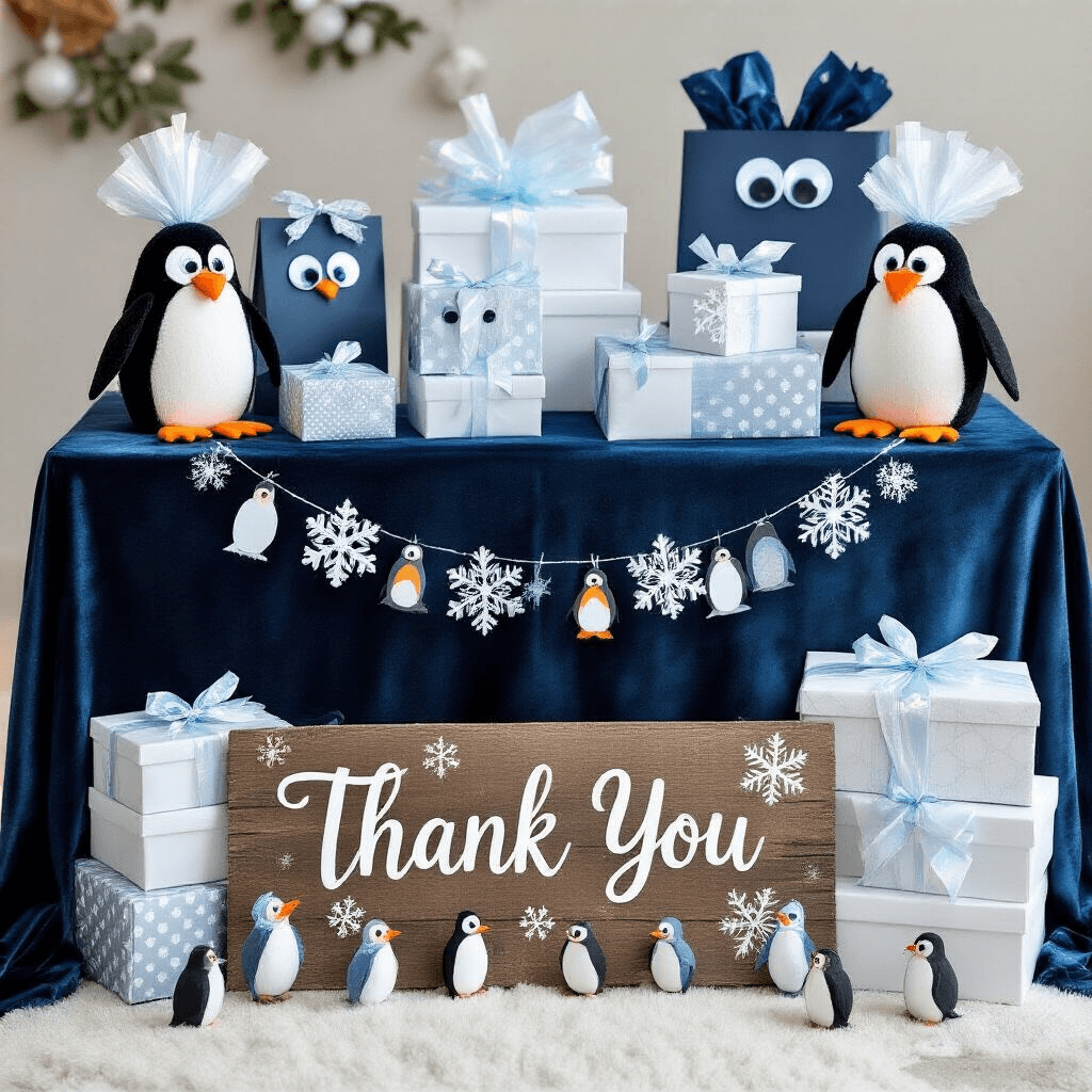 A beautifully arranged penguin-themed gift table with a midnight blue velvet tablecloth, featuring icy silver, white, and blue presents, handcrafted penguin gift bags with googly eyes, a rustic 'Thank You' sign with snowflake decorations, stacked white gift boxes, and a garland of paper snowflakes and mini penguins, all enhanced by iridescent cellophane for a shimmering effect.