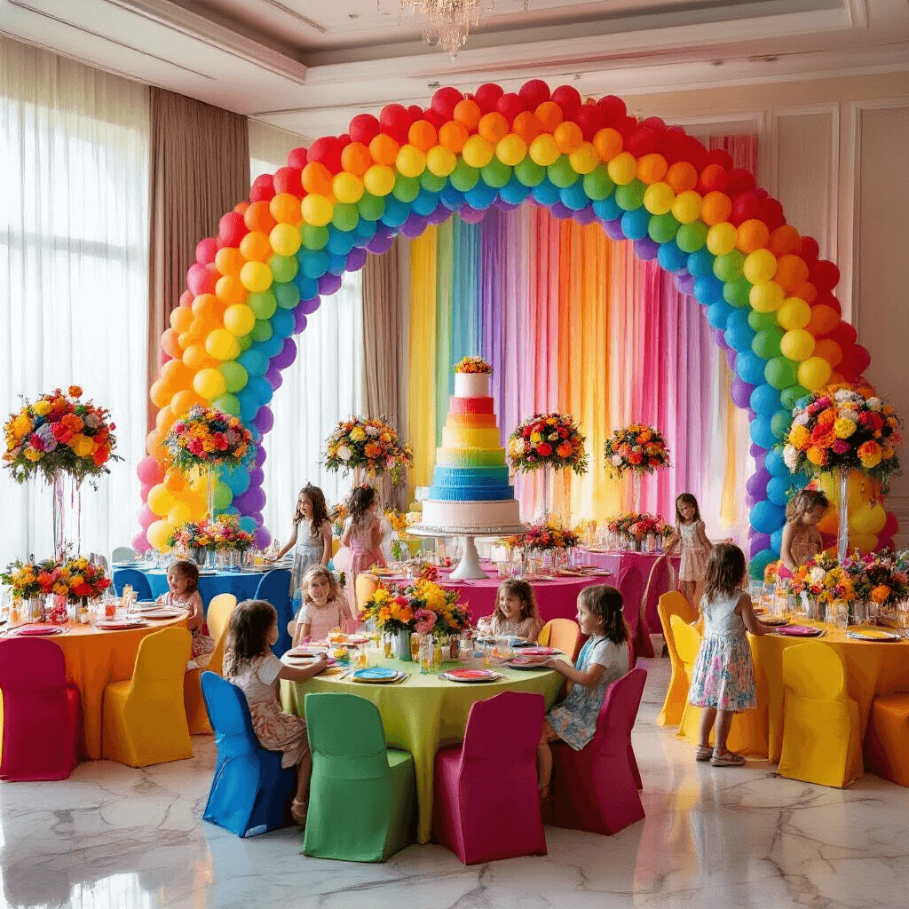 Rainbow Birthday Party: The Ultimate Guide to Creating a Vibrant Celebration A colorful indoor ballroom decorated for a child's birthday party, featuring round tables with rainbow-colored linens, vibrant balloon bouquets, and fresh flower centerpieces. The walls have a handmade tissue paper rainbow backdrop and streamers, while soft afternoon light filters through sheer curtains. A grand tiered cake in ombré fondant stands out, and children play beneath a massive balloon arch, their laughter echoing on the polished marble floor.