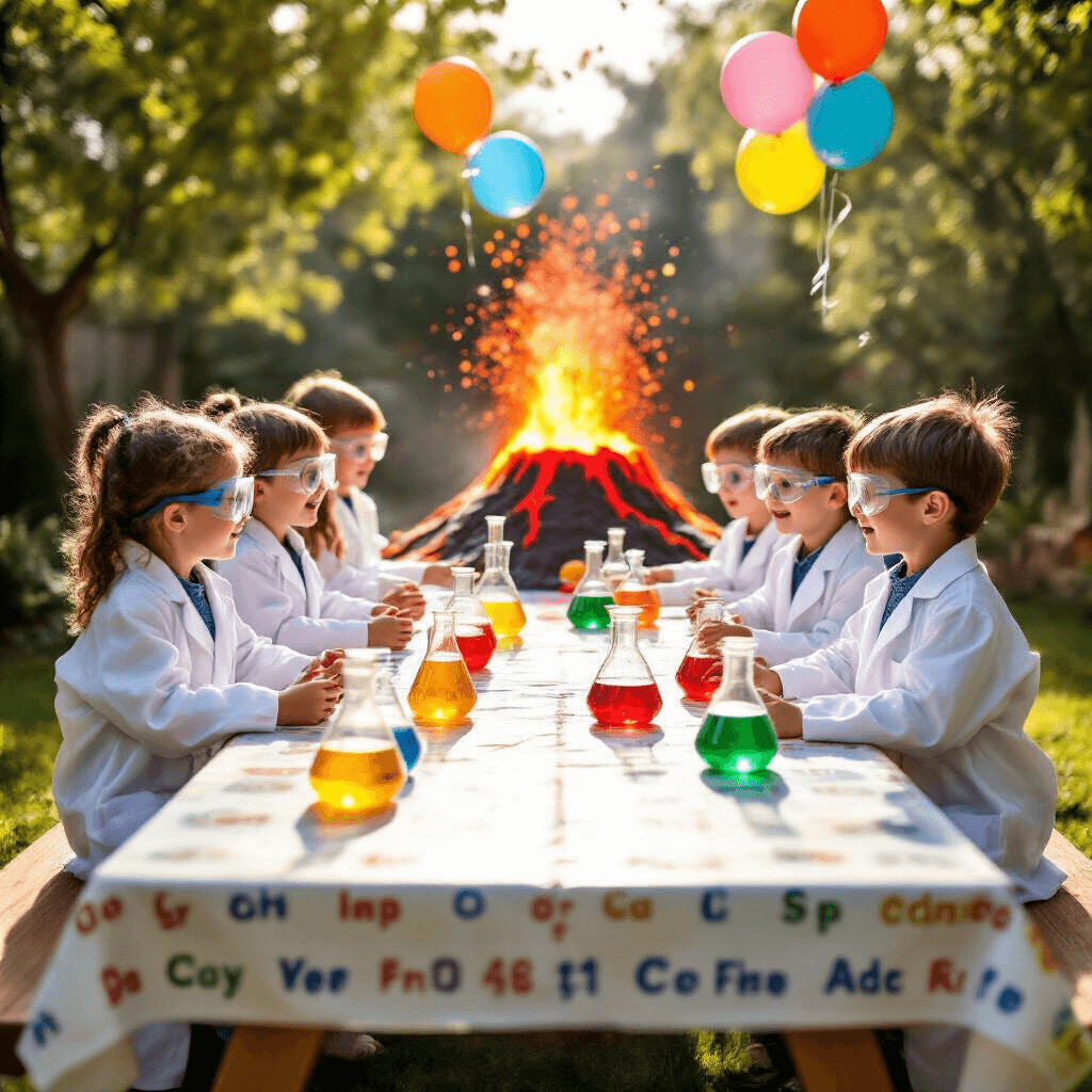 Epic Science Birthday Party: The Ultimate Guide to a Jaw-Dropping Experimental Celebration! A whimsical science-themed birthday party in a sunlit backyard featuring a picnic table draped in a periodic table cloth, colorful test tubes and beakers filled with bubbling liquids, excited kids in lab coats and safety goggles, helium balloons shaped like molecules, and a papier-mâché volcano erupting red 'lava' in the background, all bathed in warm afternoon light.