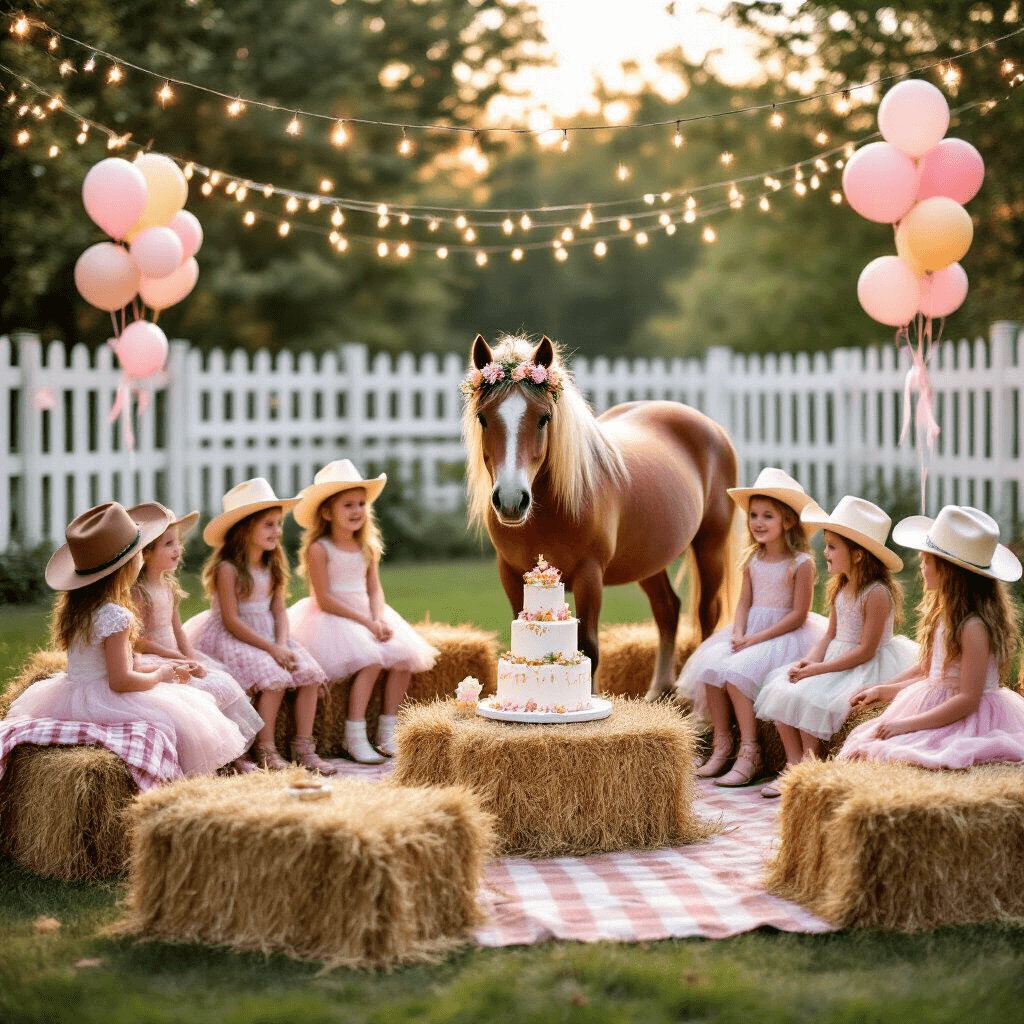 A whimsical backyard party featuring a gentle pony with a flower crown, surrounded by children in cowboy hats and tutus, hay bale seating with gingham blankets, a dessert table with a tiered cake, and twinkling fairy lights overhead at golden hour.
