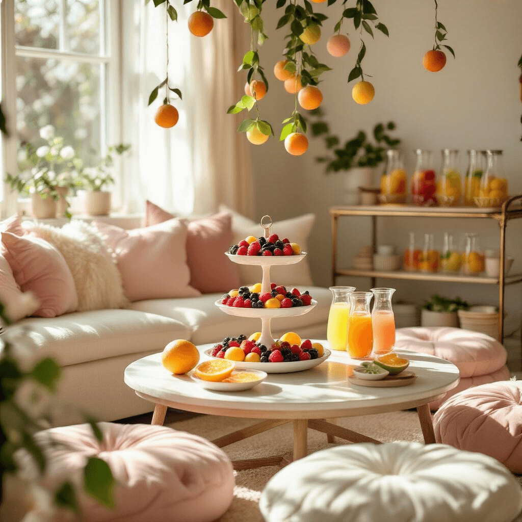 Burst of Color: How to Create the Ultimate Fruit-Themed Birthday Party That Will Make Everyone Smile A cozy living room brunch setup featuring a coffee table with a tiered stand of fresh berries and citrus slices, surrounded by blush and cream floor cushions, a bar cart with fruit-infused waters, and delicate paper fruit garlands hanging above, all bathed in soft morning light.