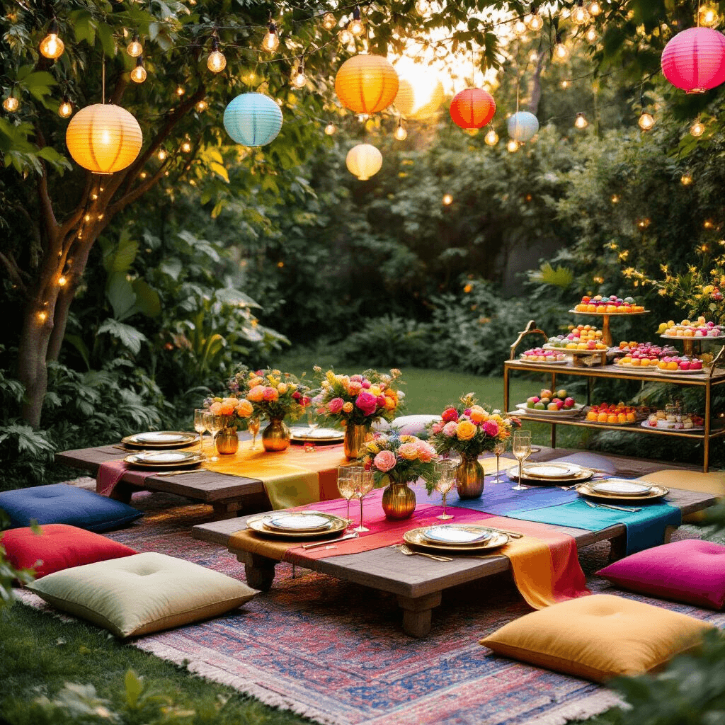 Rainbow Birthday Party: The Ultimate Guide to Creating a Vibrant Celebration Intimate backyard gathering during golden hour featuring a chic rainbow-themed dinner party with low tables, plush jewel-toned cushions, fairy lights, gold-rimmed plates, rainbow-hued bud vases, and a dessert cart of vibrant macarons and fruit tarts.