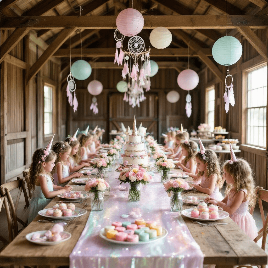 A rustic barn transformed for a magical unicorn birthday party, featuring long wooden tables with iridescent table runners, mason jars of pastel flowers, glittering unicorn horn napkin rings, hanging paper lanterns, and a dessert cart filled with colorful sweets.