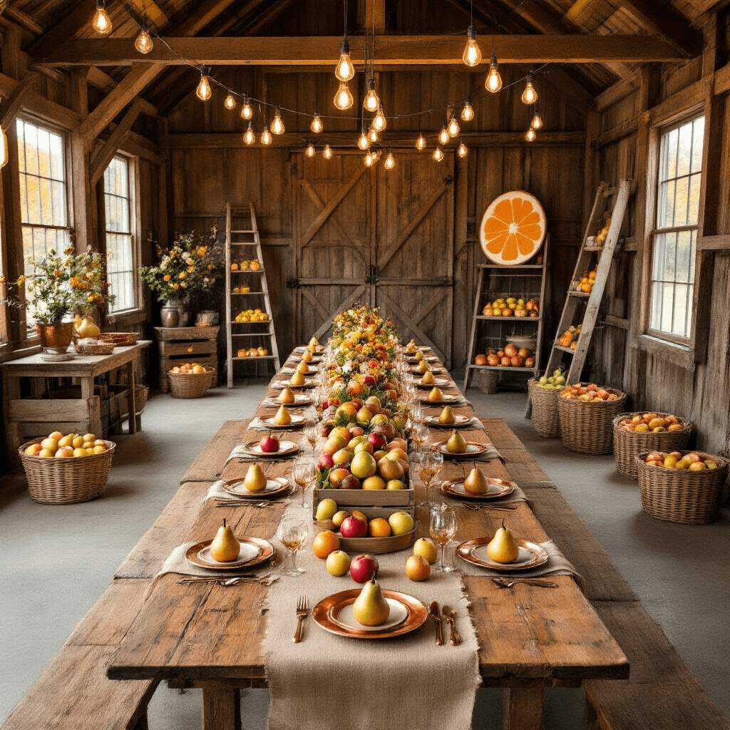 Burst of Color: How to Create the Ultimate Fruit-Themed Birthday Party That Will Make Everyone Smile Overhead view of a rustic barn interior set for a Fall fruit celebration, featuring decorated tables with burlap runners, copper chargers, mini pear place cards, and centerpieces of apples, pears, and dried citrus in wooden crates, along with warm amber lighting and a vintage ladder displaying fruit slice artwork.