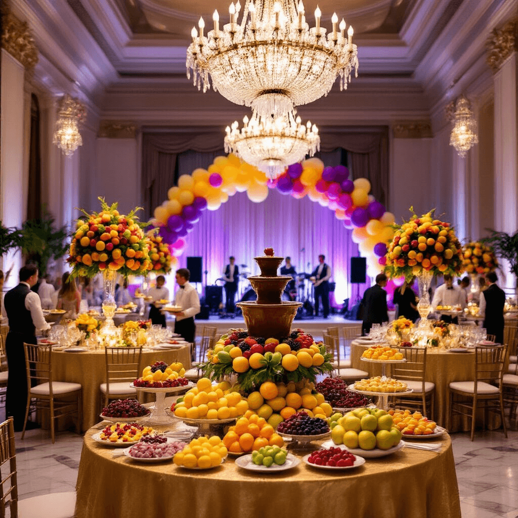 Burst of Color: How to Create the Ultimate Fruit-Themed Birthday Party That Will Make Everyone Smile An elegant indoor fruit-themed gala in a grand ballroom with crystal chandeliers and marble floors, featuring round tables with gold linens and fruit centerpiece arrangements, a chocolate fountain dessert station, waitstaff serving fruit canapés, and a live band on stage surrounded by ombré balloons.