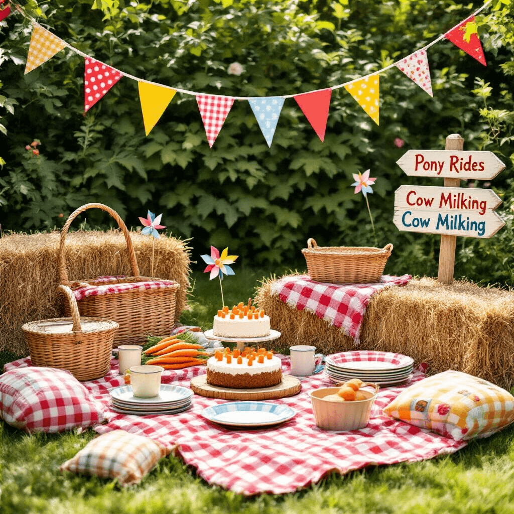 A vibrant farmyard birthday picnic setup featuring gingham blankets, woven baskets, and colorful enamelware plates, with a homemade carrot cake at the center. Surrounding hay bale seating is adorned with quilts, and whimsical DIY pinwheels and paper flowers. A painted wooden sign directs to activity stations like 'Pony Rides' and 'Cow Milking', with bold bunting strung across lush green foliage.