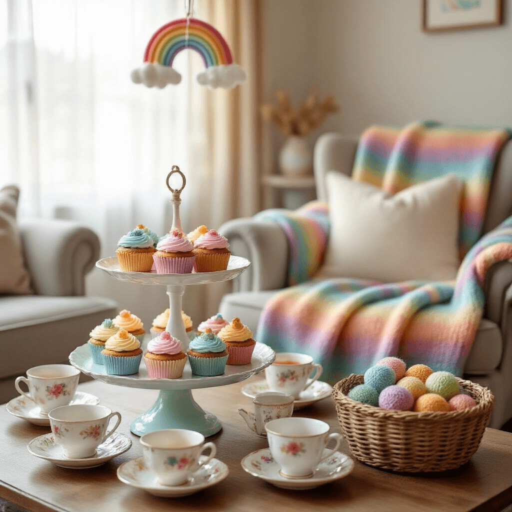 Rainbow Birthday Party: The Ultimate Guide to Creating a Vibrant Celebration A cozy living room set up for a rainbow-themed baby shower, featuring a tiered cake stand with rainbow-frosted cupcakes, vintage teacups filled with pastel candies, and a handmade rainbow mobile overhead. Soft morning light filters through sheer curtains, highlighting a comfortable armchair draped with a chunky knit blanket in muted rainbow stripes, alongside a basket overflowing with colorful yarn balls.