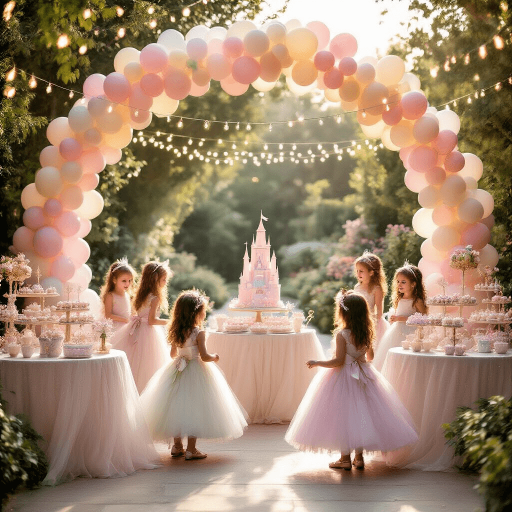 A magical princess garden party with pastel balloon arch, tulle table skirts, twinkling lights, a dessert cart with cupcakes and a castle cake, and little girls in shimmering gowns dancing.