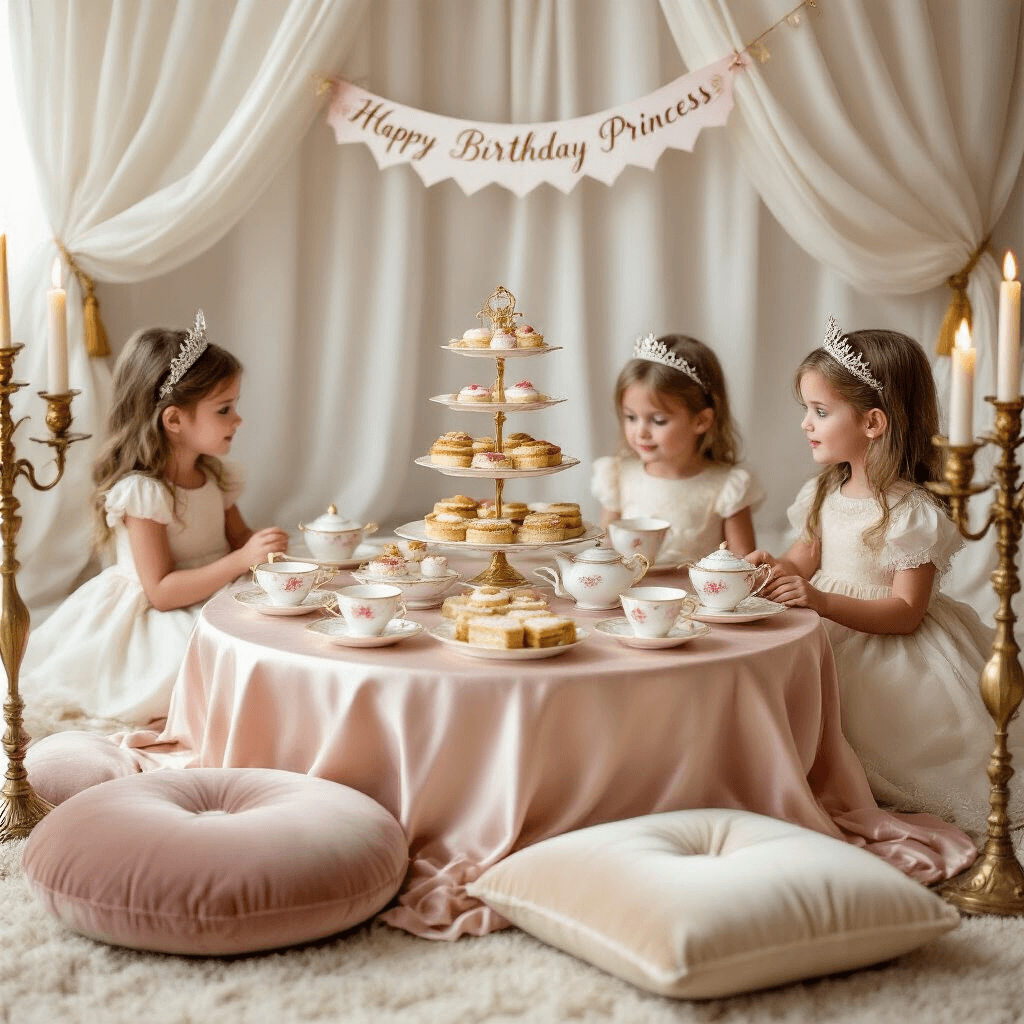 An inviting living room set up for a cozy princess tea party, featuring a low table draped in blush pink silk, plush cream and gold floor cushions, floral china teacups, tiered stands of delicacies, sheer white curtains, a 'Happy Birthday Princess' banner, and flickering candlelight from ornate candelabras, with little guests in royal attire.