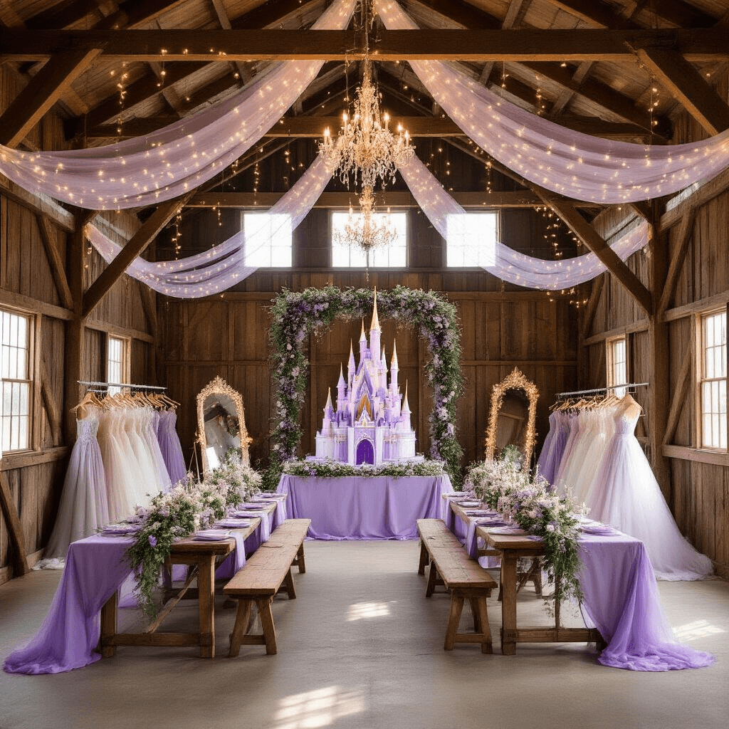 A magical barn interior set for a princess celebration, featuring long wooden tables with lavender linens and floral garlands, twinkling fairy lights, a dress-up station with sparkling gowns, and a towering cake resembling a fairytale castle, all illuminated by streaming sunlight.