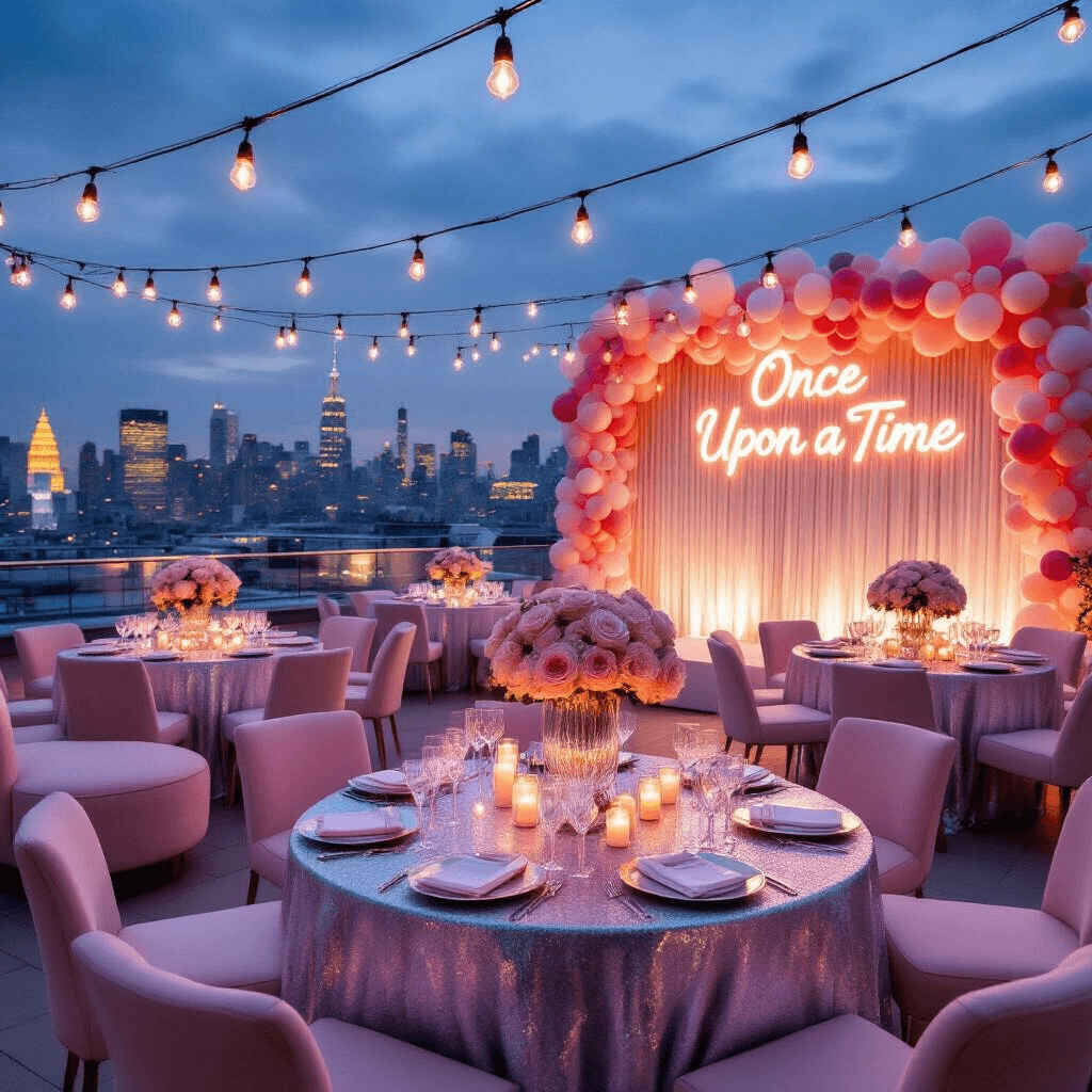 A twilight rooftop terrace transformed into a princess kingdom, featuring round tables with silver linens, crystal vases of pink roses, a photo booth with pastel balloons and a neon sign, plush seating areas, and warm market lights creating a magical ambiance against the city skyline.