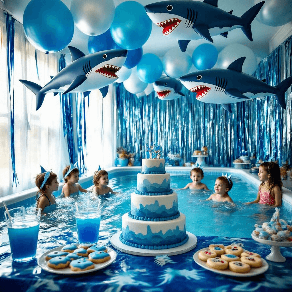 A lively indoor pool party featuring inflatable shark balloons and children in shark fin headbands, with a dessert table displaying a shark cake and ocean-themed treats, all under soft, filtered light.