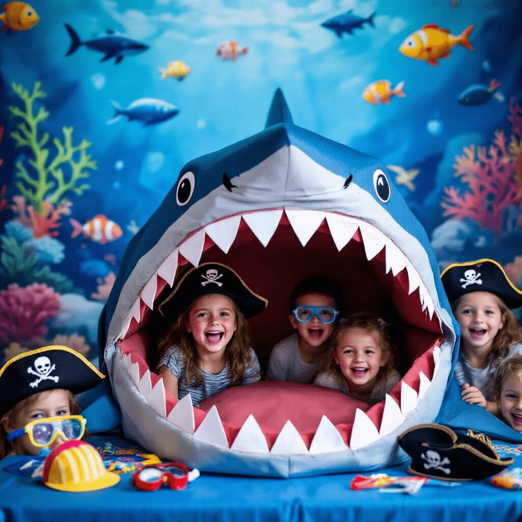 A vibrant shark-themed photo booth at a child's birthday party, featuring a large shark mouth with felt teeth, an underwater backdrop, and a table of fun props, illuminated by soft blue lighting.