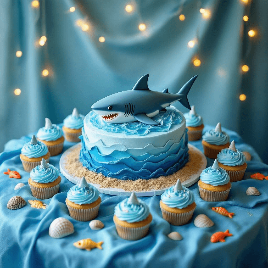 Overhead view of a shark-themed birthday cake table featuring a fondant shark cake, blue-frosted cupcakes with fin toppers, ombre blue linens, seashells, edible sand, gummy fish, and fairy lights.