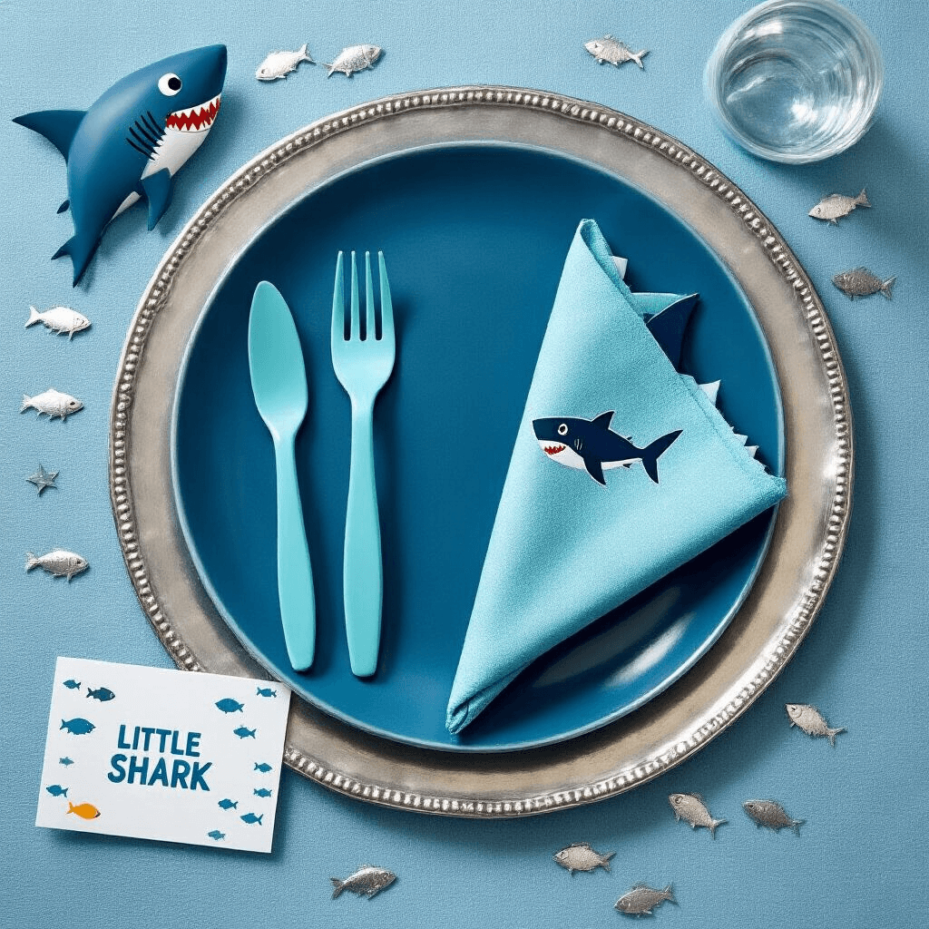 A vibrant flat lay of a shark-themed birthday place setting featuring a deep blue plate on a silver charger, ocean-themed melamine utensils, a napkin folded like a shark fin, a personalized cartoon shark water bottle, silver fish confetti, and a 'little shark' place card, all illuminated by natural light.