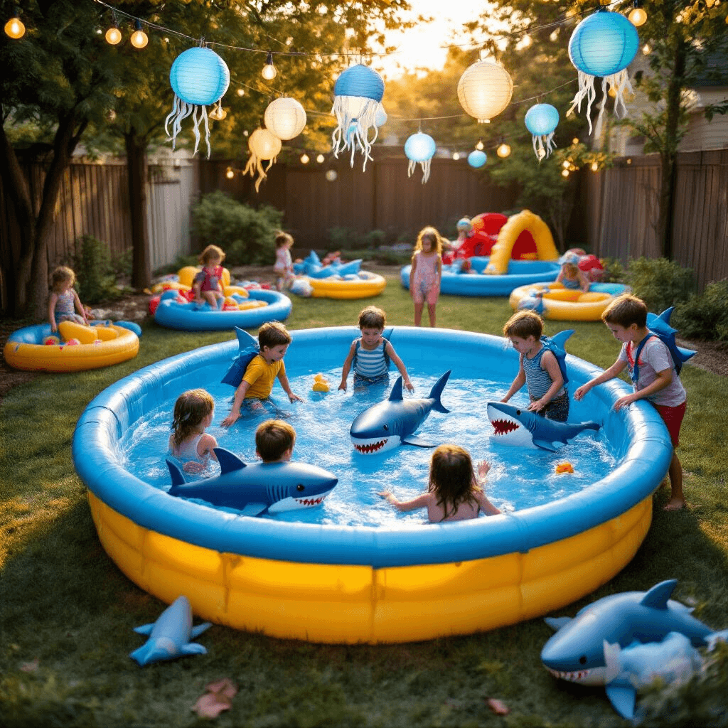Children play a 'shark attack' game in a backyard with a kiddie pool filled with blue water and inflatable sharks, while wearing shark fin backpacks. Ocean-themed obstacle courses and activity stations surround the pool, and string lights and jellyfish-shaped lanterns hang overhead under the warm glow of the golden hour sun.