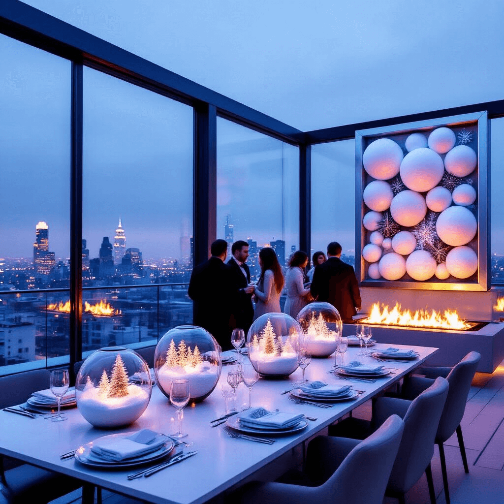 A chic rooftop apartment transformed for a winter soirée, featuring floor-to-ceiling windows showcasing a cityscape, sleek tables with matte white dinnerware and crystal glasses, geometric terrarium centerpieces, an oversized silver balloon wall, guests mingling around a firepit, and a photo booth with winter-themed props.