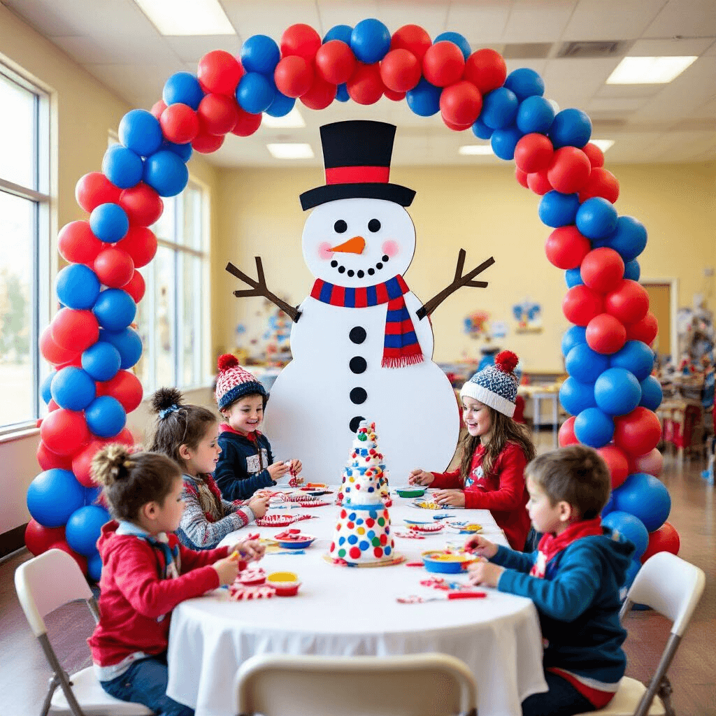 A vibrant indoor birthday party featuring a snowman theme, with colorful balloon arches, snowman centerpieces, a large photo cutout, kids decorating cookies, and a face painter creating snowflake designs, all set in a sunlit community center.