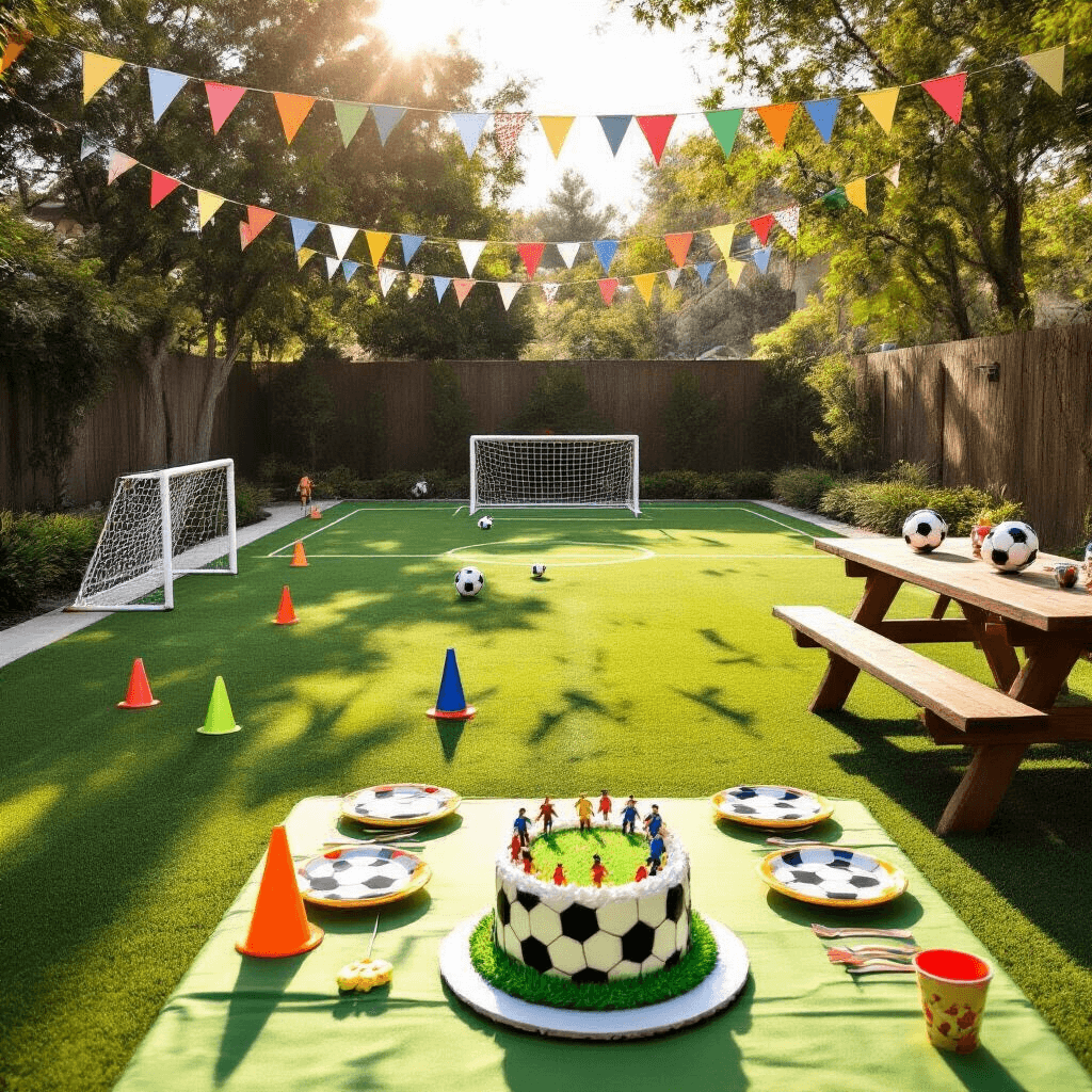 A sunlit backyard transformed into a miniature soccer field for a child's birthday party, featuring lush turf, portable goals, colorful cone obstacles, a picnic table with soccer-themed decorations, a tiered soccer field cake, and children in jerseys playing joyfully.