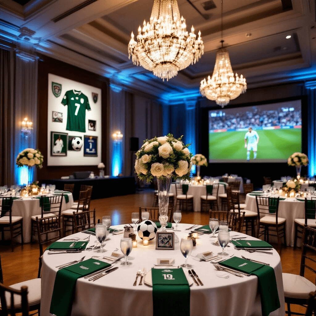 An elegant indoor birthday celebration for a soccer enthusiast, featuring a ballroom with high ceilings, crystal chandeliers, round tables with white linens and green runners, centerpieces of white roses and greenery with a soccer ball, personalized jersey-shaped place cards, a gallery wall of soccer memorabilia, soft uplighting in team colors, and a large screen showing soccer highlights, with well-dressed guests mingling around a soccer-themed bar.