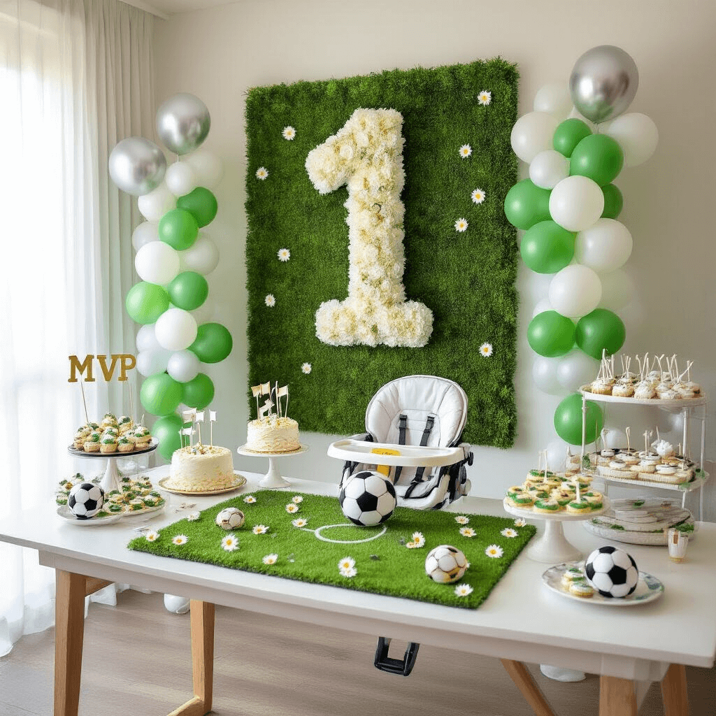 A sun-filled modern apartment decorated for a whimsical soccer-themed first birthday celebration, featuring a flower-adorned '1' on the wall, green and white balloon garlands, a dining table with a turf runner and soccer-themed decorations, a custom highchair with an 'MVP' banner, and a dessert cart filled with soccer-themed treats.