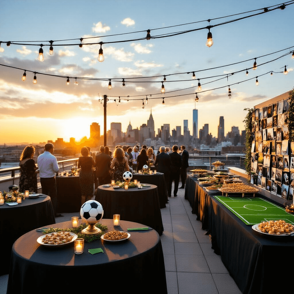 A sophisticated rooftop terrace set for a retirement party, featuring high-top tables with black linens and emerald green accents, soccer ball centerpieces, elegant lighting, a buffet table designed like a soccer field, and a saxophonist playing jazz against a stunning city skyline backdrop.