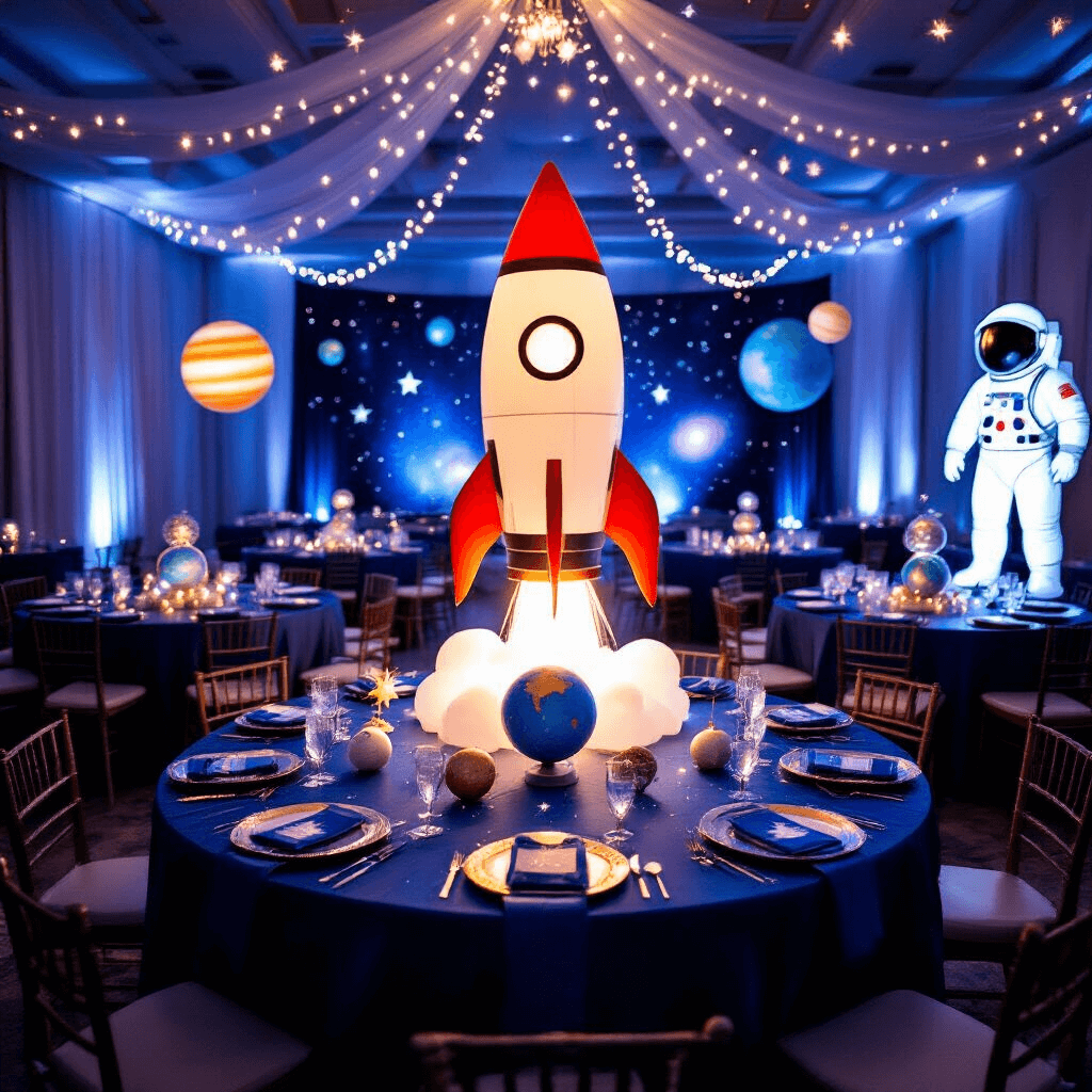 A dimly lit indoor ballroom transformed into a cosmic wonderland for a child's space-themed birthday party, featuring twinkling star string lights, a giant inflatable rocket ship centerpiece, and tables with midnight blue linens and galaxy decorations.