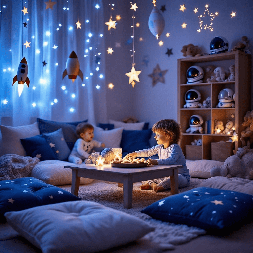 A cozy living room illuminated by projector star lights, featuring a low table with planet-shaped cookies and plush floor cushions in blue and silver. Cardboard rocket ships and constellations hang overhead, while a bookshelf filled with alien toys and astronaut helmets serves as a 'space station.' A child in pajamas reaches for cookies, their face filled with wonder in the enchanting setting.